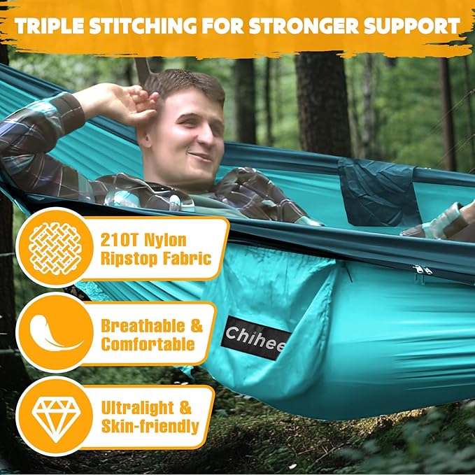 Chihee Ultra-Light Travel Camping Hammock Pop-up Net Hammock 660lbs Load CapacityBreathableQuick-Drying Parachute Nylon 2 Premium Carabiners2 Tree Slings Included for Outdoor Backpacking Hiking