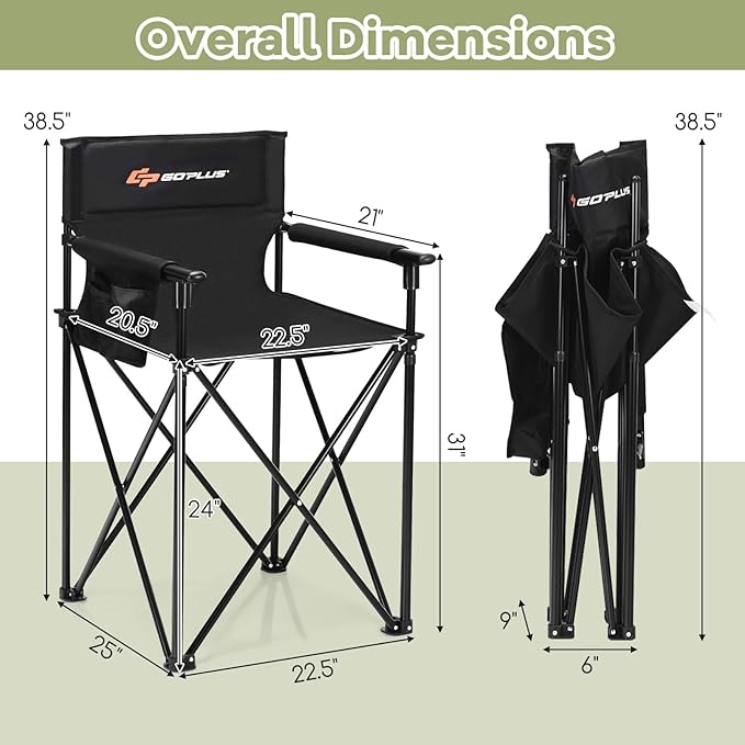 Goplus Folding Camping Chair Outdoor Portable Beach Chair Heightened Design w/Detachable Armrests Storage Pouches &amp Carrying Bag for Fishing Picnic Lawn (Black 250LBS Weight Capacity)
