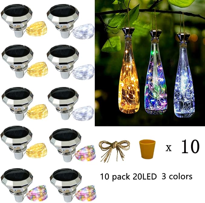 Starry Love Solar Diamond Wine Bottle Lights 10 Pack 20LED Outdoor Waterproof Multicolor Fairy Light String (3 Colors) Suitable for Most Wine Bottle Mouths for Garden Terrace Party Decoration