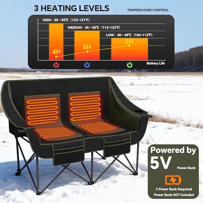 Heavy Duty Double Camping Chair with Padded Camping Loveseat – Oversized 2 Person Folding Camping Chair for AdultsPortable Camping Sofa with Cup Holders &amp Carry Bag for Outdoor Lawn Beach or Pat