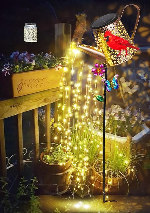 Solar Watering Can with Lights Outdoor Garden 41in Large Red Cardinal Garden Stake Lights Waterproof Decoration for Yard Lawn Pathway Gifts for Mom Grandma Women Birthday Gardening Gift
