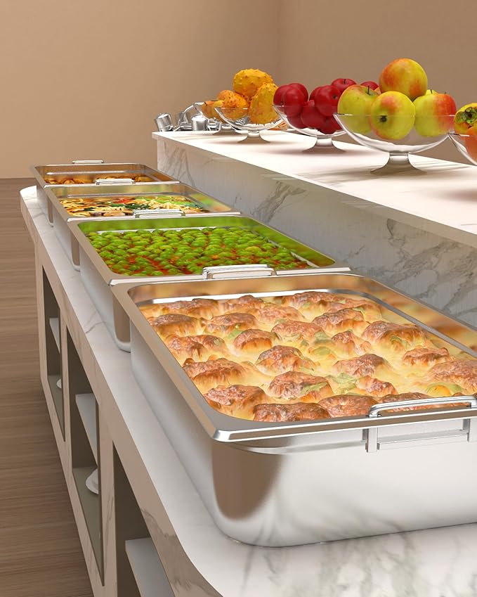 GarveeHome 6 Pack Full Size Food Pans 4 in Deep Commercial Catering Hotel Pan NSF Certified Stainless Steel Anti-Jamming Steam Table PanHandle + No Lid