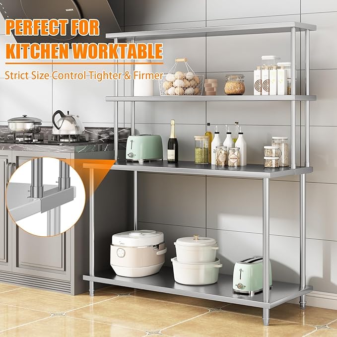 2-Tier Stainless Steel Overshelf for Work &amp Prep Table 12x60 inch Commercial Adjustable Double Shelf Heavy Duty Storage Rack for Kitchens Utility Rooms Restaurants &amp Garages