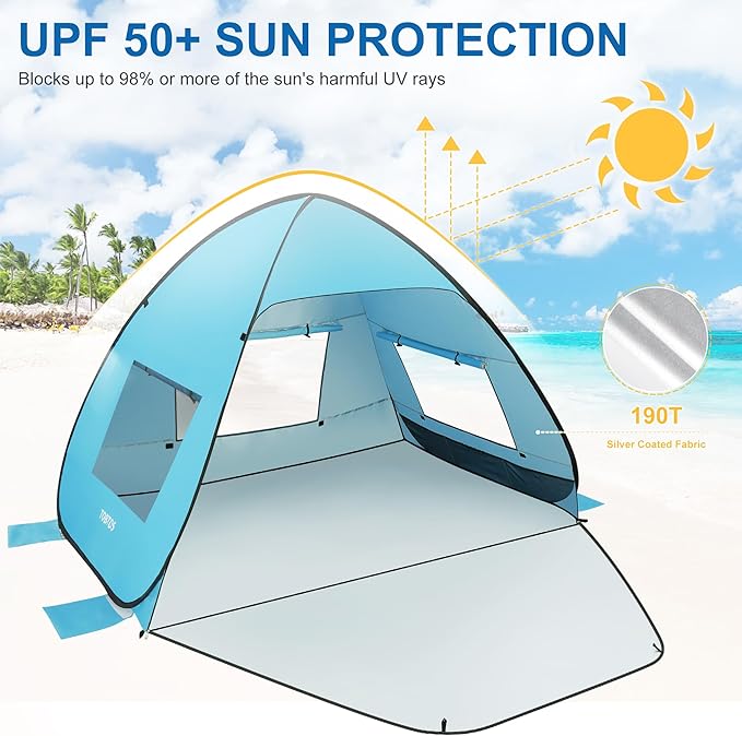 TOBTOS UPF 50+ Pop Up Beach Tent Easy Set Up Beach Umbrella Sun Shelter for 2-3 People UV Protection Portable Sunshade Baby Canopy Cabana Lightweight with Carry Bag