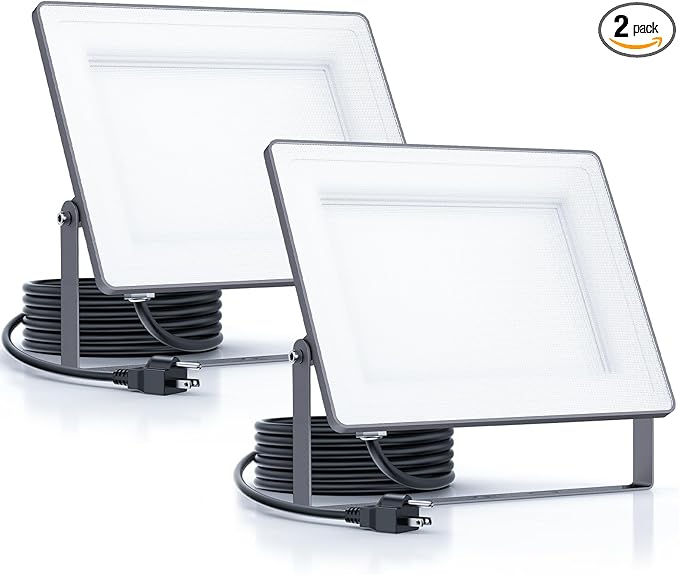 100W 12000LM Flood Lights Outdoor Bright LED Work Light with Plug 6500K Daylight White LED Flood Lighting Security Yard Lights Waterproof for Garage Yard Porch 2 Pack