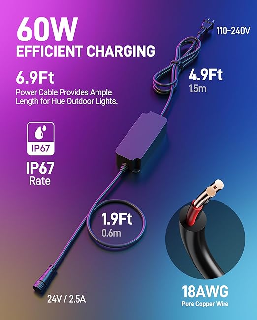 60W Power Supply for Philips Hue Outdoor Low Voltage Lighting Weatherproof Power Adapter Replacement for Lily Spot/XL Spot Calla Pedestal Econic Pathway Amarant Light Bar (6.9Ft)