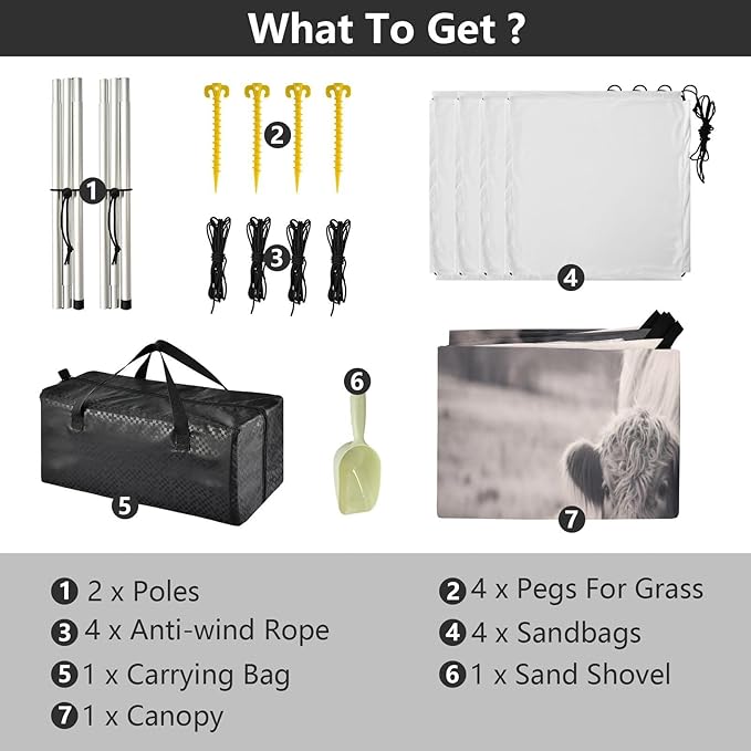 Highland Cattle Beach Tent Sun Shelter 9.2' x 10.5' Beach Canopy with 4 Sandbags 4 Stability Poles Sand Shovels - Tent Canopy for Beach Camping Fishing Picnics