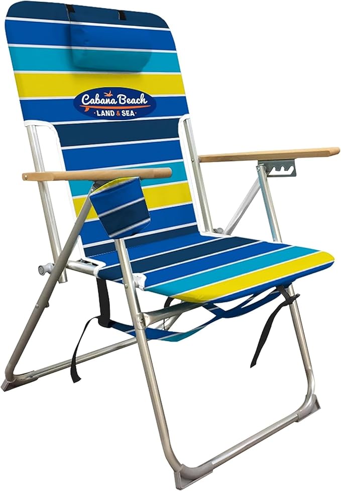 Cabana Beach Folding Beach Chair 4 Position Portable Backpack Foldable Camping Accessories with Headrest Cup Holder and Wooden Armrests Cool Bold Stripe
