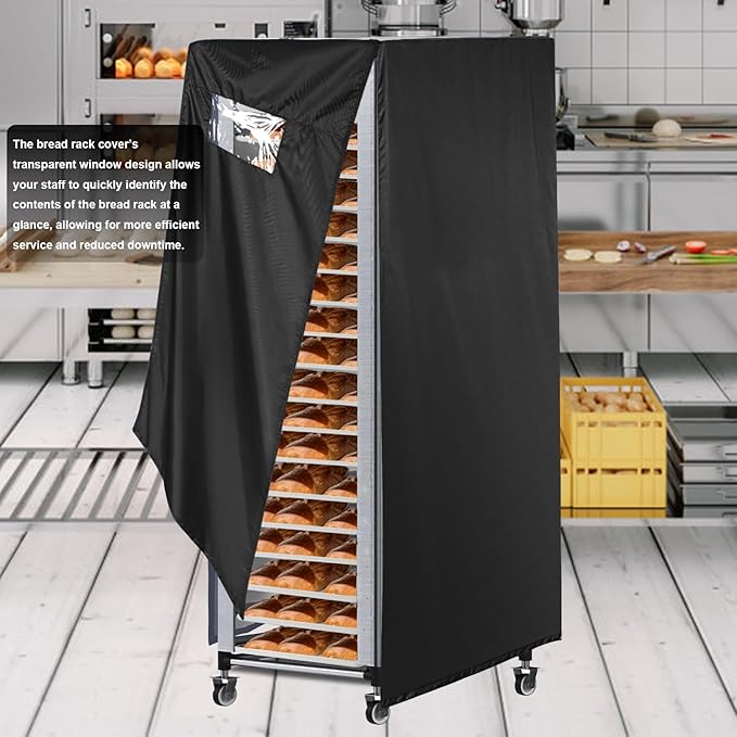 Bread Rack Cover with Zipper20tier Sheet Pan Rack/Bun Pan Rack Cover with Vents 23X28X64 Bakers Rack Cover with Transparent Window Bread Rack Cover for Waterproof and Dustproof Black