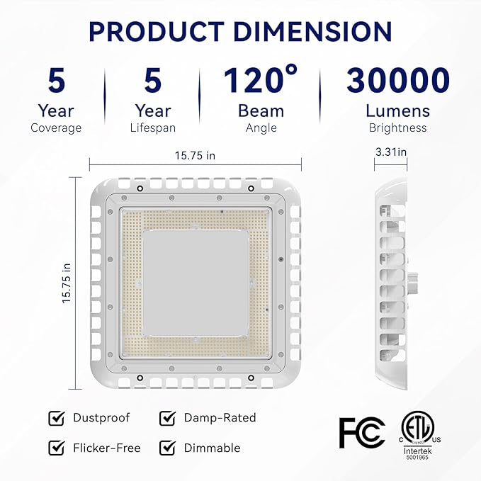 LED Canopy Light 200W Square Gas Station Light with 4CCT (6500K/5700K/5000K/4000K) 1-10V DimmableCanopy Lights for Garage Barn ETC&ampDLC Listed