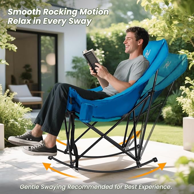 ABORON Heated Oversized Rocking Camping Chair for Adults Fully Padded Folding Outdoor Lawn Chair with Side Pocket Portable Recliner Chair for Camp Patio Backyard Supports 400 lbs