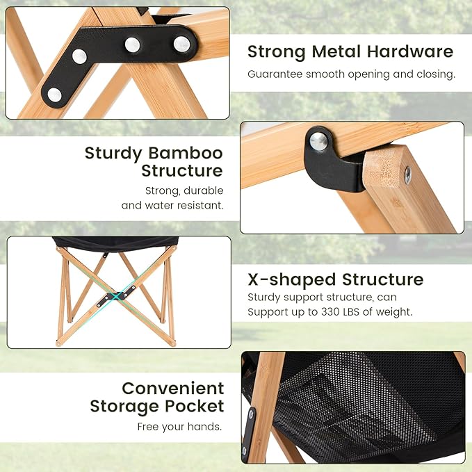 Giantex Camping Chairs 2 Pack Folding Beach Chairs for 330lbs Outdoor Butterfly Chair Portable Lawn Chairs for Picnic Fishing Hiking Mountaineering Lightweight Bamboo Frame No Assembly (Black)
