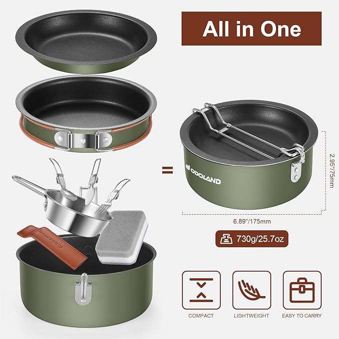 Odoland 10pcs Camping Cookware Non-Stick Camping Pot and Pan Set with Plate Bowl Fork Knife Spoon for Backpacking Hiking Outdoor Cooking and Picnic