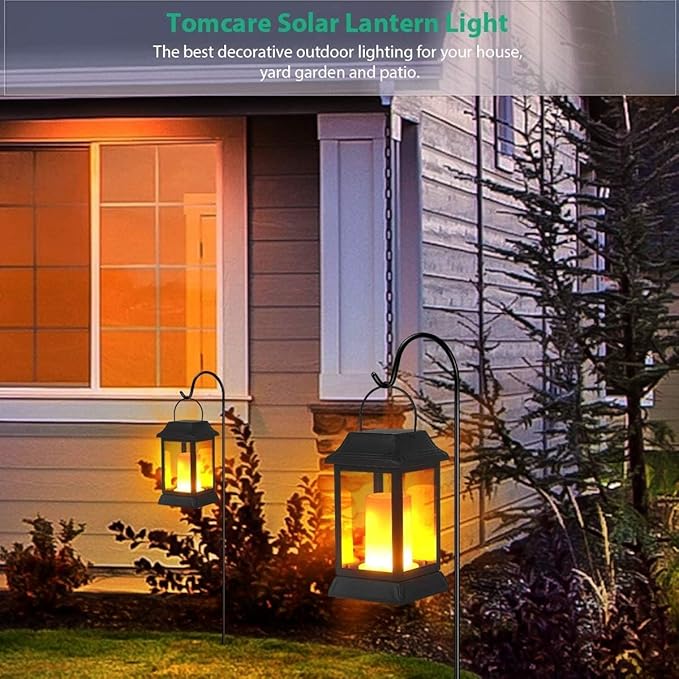 TomCare Solar Lights Metal Flickering Flame Solar Lantern Outdoor Hanging Lanterns Decorative Lighting Heavy Duty Solar Powered Waterproof Umbrella Lighting for Garden Yard Patio Deck 4 Pack（Black）