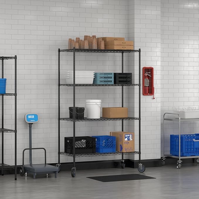 Commercial NSF Listed Black Epoxy Mobile Wire Shelving Kit 24 x 48 x 80 with 4 Shelves Perfect for Warehouse Walk-in Refrigerator Freezer Grocery Store Restaurant Dishroom