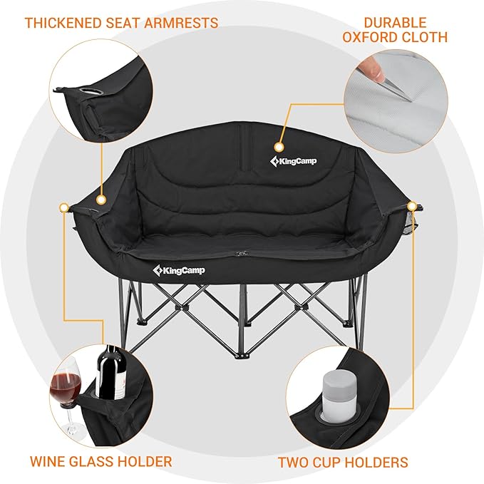 KingCamp Double Camping Chair Oversized Heavy Duty 550lbs Loveseat for Adults Portable Folding XL 2 Person Couch Padded Comfortable Two Seat with Cup Holder for Outdoor Lawn Backyard Black