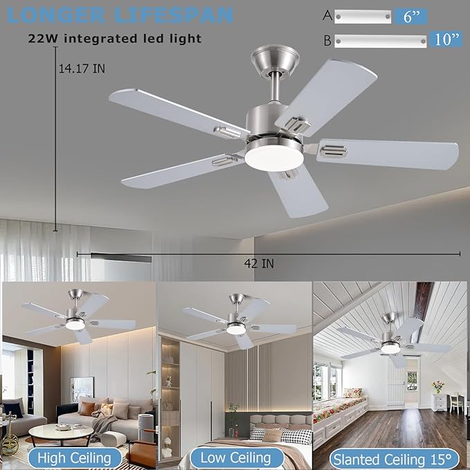 42 inch Modern Ceiling Fans with Lights APP/Remote Control Low Profile Reversible 6 Speeds Dimmable Ceiling Fan Light for Indoor/Outdoor Bedroom Living Room（Nickel）