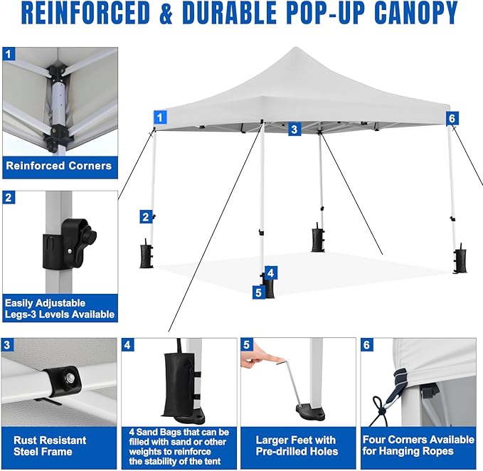 Yesker 10x10 Pop Up Canopy Tent with 4 Sidewalls Portable Folding Outdoor Canopy Easy Setup Gazebo Waterproof Instant Popup Shelter Tent w Wheel Carry Bag sandbags for Events Parties Camping White