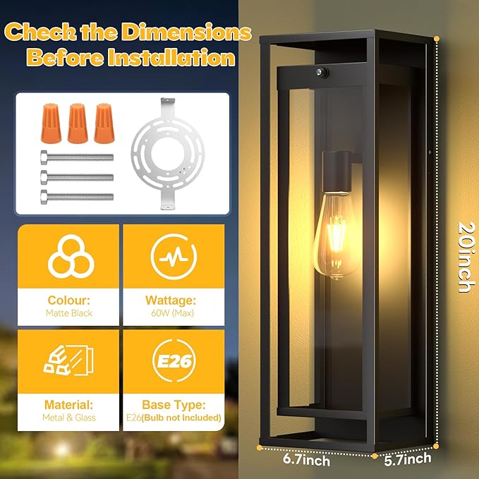 Large Outdoor Wall Sconce-20in Modern Waterproof Sconce Wall Mounted E26 Black Porch Lights Exterior Lighting Fixture for Coach Doorway Patio