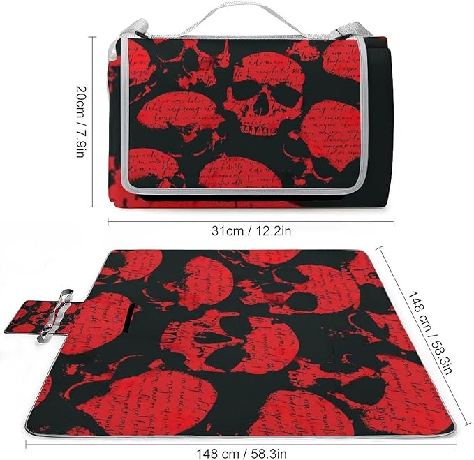 Black and White Gothic Skull Damask Pattern Waterproof Outdoor Picnic Blanket Sandproof Beach Mat for Camping Hiking Grass Travelling