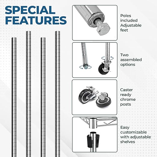 Stainless Steel Chrome Wire Shelving Posts – Set of 4 Poles (14) – Heavy Duty Commercial Grade for Wire Racks &amp Storage Shelving Units