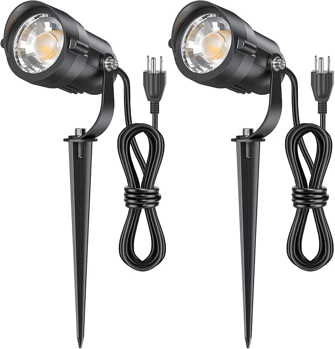 HIBOITEC 12W Spot Lights Outdoor 110V to 120V Landscape Lighting Waterproof Spotlight with 4.9ft 3-Plug LED Plug in Landscape Lights for Yard Gardern Decorations 5000K 2Packs