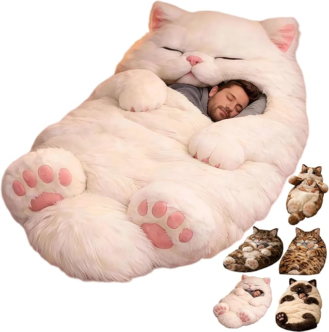 Fluffy Cat Sleeping Bag for Adults Humans Large Adult Soft Cat Sleeping Bag Animal Sleepings Bags for Adults Warm Blanket for Camping Travel Sleepovers Home