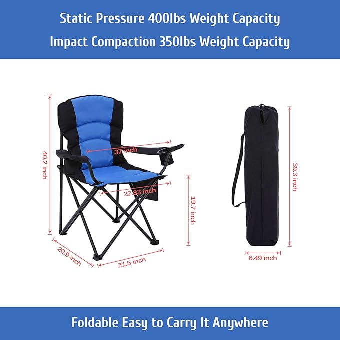 Oversized Camping Chair Folding Heavy Duty Quad Outdoor Large Lawn Chairs Portable Support 400 lbs Padded Thicken Oxford with Armrests Storage Bag Cup Holder Carry Bag for Outside(Blue)