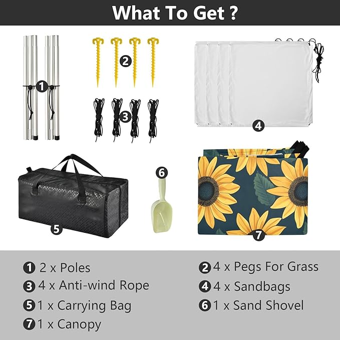 Bolaz Beach Canopy Tent Sun Shade9'×10.5' Large Family Beach Shade UPF50+- Outdoor Shade for Camping Trips FishingYellow Sunflower Flower Pattern