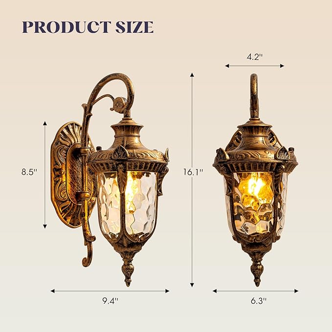 Rustic Wall Sconce LightingLantern Porch Light with Hammered Glass ShadeWaterproof Outdoor Wall Light Fixtures for Garage Room H16.1 in x W9.4 in