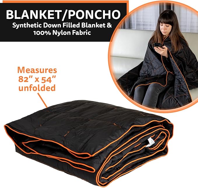 NAPRO Travel Pillow &amp Camping Blanket 3 in 1 Ripstop Nylon Infinity Pillow &amp Square Travel Pillow Cases with 82 X 54 Synthetic Down Filled Blanket/Poncho/Pillow Fill Adventure Black/Orang