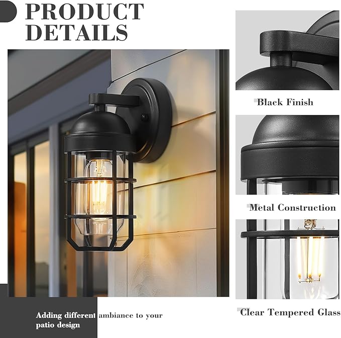 Emliviar Modern Outdoor Wall Light for House Porches Solid Classic Metal Cage Retro Charm Exterior Wall Light Clear Tempered Glass Black Finish GE255B BK