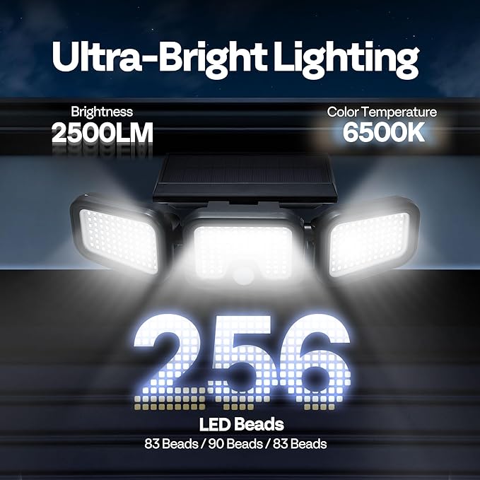 VIVOHOME Solar Flood Lights Outdoor 256 LED 2500LM Motion Sensor Lights 3 Adjustable Heads Security Lights IP65 Waterproof 270° Wide Lighting Angle Solar Powered Lights for Porch Yard 3 Pack