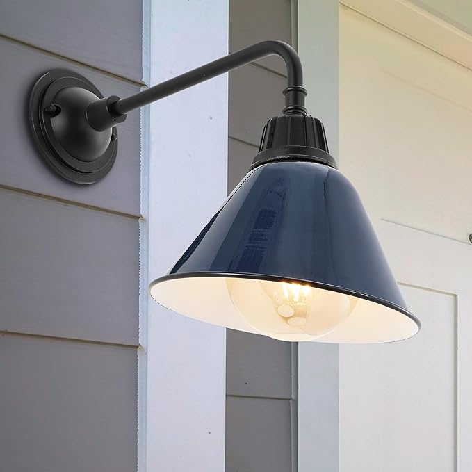 JONATHAN Y 9.63 Navy/Black 1-Light Farmhouse Outdoor Sconce Industrial LED Wall Light Gooseneck Arm Barn Lamp with Metal Bell Shade for Porch Patio Kitchen LED Bulb Included (JYL7612C)