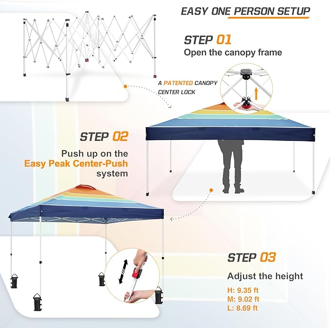 EAGLE PEAK Pop Up Canopy Tent with Wheeled Carry Bag 8 Stakes 4 Ropes 4 Weight Bags Easy Set Up Tent Canopy 10x10 ft 100sqft of Shade Retro Stripe Multi