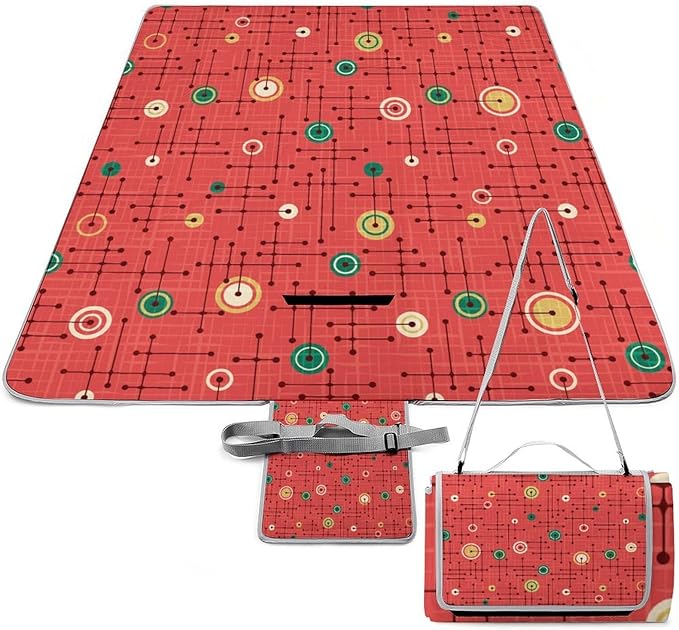 Colorful Retro Mid Century Modern Atomic Pattern Waterproof Outdoor Picnic Blanket Sandproof Beach Mat for Camping Hiking Grass Travelling