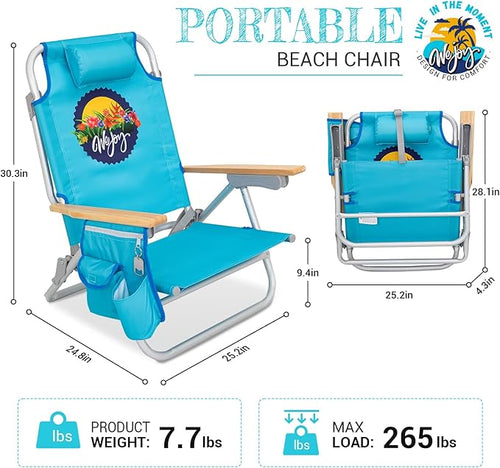 #WEJOY 2 Pack Aluminum Beach Chair with 4 Positions Backpack Beach Chair with Wooden Armrest Portable Reclining Chair with Cup HolderBack Storage Bag for Camp Lawn Pool Outdoor Trip (Blue)
