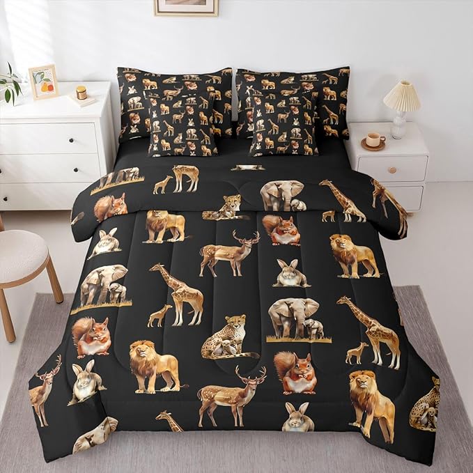 jejeloiu Zoo Animal 7 Piece Bedding Set for Girls Boys Kids Twin Size Cute Giraffe Bed in a Bag Room Decor Cartoon Animal Comforter Set with SheetsPillowcases &amp Cushion Cover Black Brown Microfib