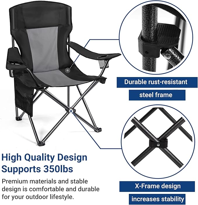AsterOutdoor Camping Folding Chair Padded Quad Arm Chair with Large Cup Holders Side Organizer &amp Back Pocket for Outdoor Camp Indoor Patio Fishing Supports 350lbs