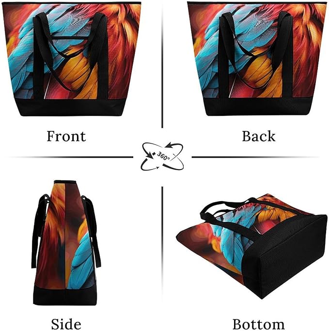 Insulated Shopping BagLarge Reusable Cooler Bags Colorful Feathers Printed Foldable Shopping BagTravel Waterproof Shoulder Bag