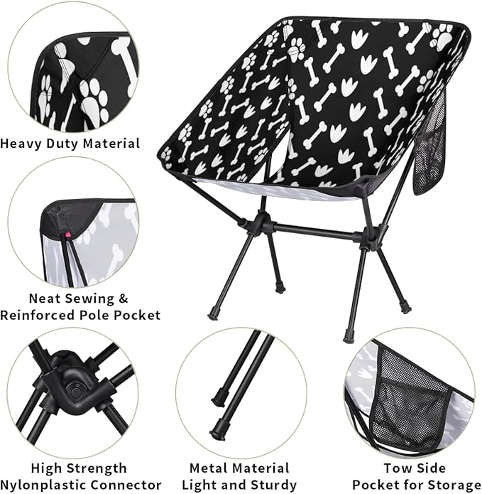 Black White Dog Paw Bone Camping Chair Lightweight Portable Chairs for Adults Easy Installation Outdoor Foldable Camping Chair for Camping Fishing Hiking Picnic Beach