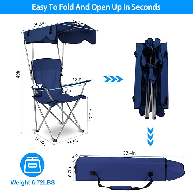 Moclever Folding Canopy Camp Chair – Heavy Duty Sun Protection Beach Chair with Cup Holder Portable Lawn Chair for Outdoor Camping Park Patio (Navy Blue)