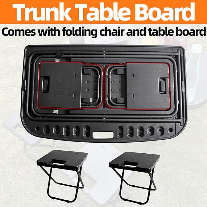Car Camping Portable Table Compatible with 2021-2024 Tesla Model Y Camping Outdoor Folding Table with 2 Pack Collapsible Stool Tailbox Car for Travel Hiking Picnic BBQ Fishing Beach