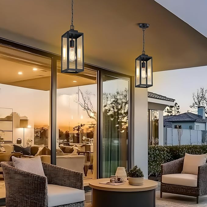 2 Packs 15'' Large Outdoor Pendant Light Modern Outside Chandelier Outdoor Hanging Lantern Light Matte Black with Clear Glass Exterior Pendant Lighting Fixture Ceiling Mount for Porch Gazebo