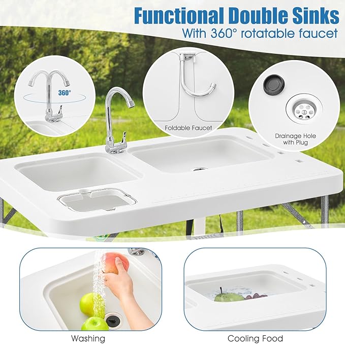 Goplus 40'' Folding Fish Cleaning Table with Dual Water Basins Faucet Drainage Hose &amp Sprayer Portable Camping Sink Table Outdoor Fish Fillet Cleaning Station with Grid Rack for Picnic