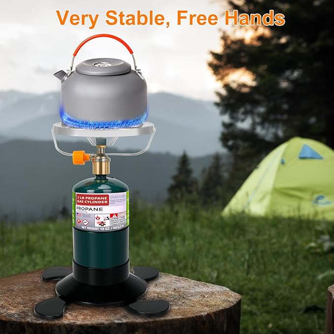 Camping Stove Propane Burner Portable Camp Stove with Foldable Gas Tank Base Adjustable Flame Backpacking Cooker for Camping Small Single Burner Propane Stoves Kit for Hiking Tent Outdoor Cooking