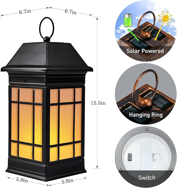 15.5 Solar Lantern Outdoor Waterproof Glass Flickering Flame Solar Lanterns Hanging Metal Lantern Decorative for Patio Front Porch Garden Backyard Tabletop Mothers Day Gifts Mom