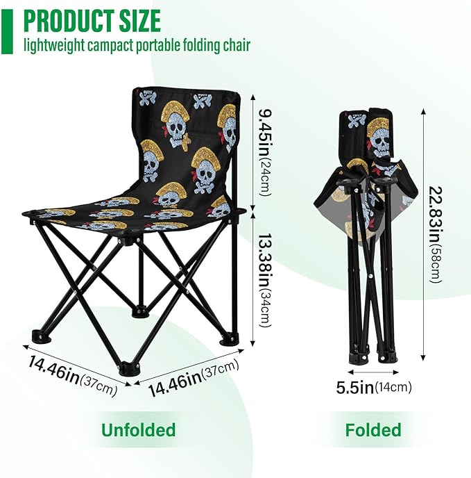 Fake Glitter Cartoon Pirate Skull Black Portable Youth Camping Chair Lightweight Ice Fishing Chairs with Carrying Bag