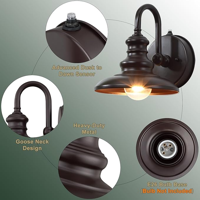LONEDRUID Dusk to Dawn Sensor Outdoor Gooseneck Barn Light Fixtures Brown Exterior Wall Sconce Lighting Modern Outside Porch Lantern Waterproof Farmhouse Wall Mount Lamp for House Garage Patio