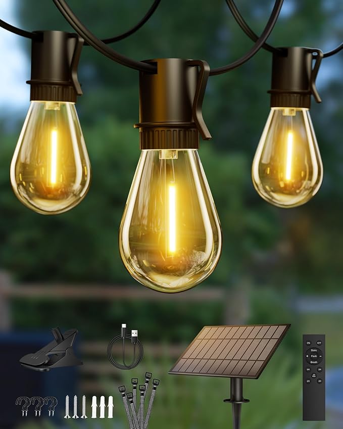 Torkase 60FT Solar Outdoor String Lights 18+1 Shatterproof LED Bulbs Waterproof USB Rechargeable 2200K Warm White Energy-Saving Hanging Patio Lights for Garden Porch Bistro Deck Camping